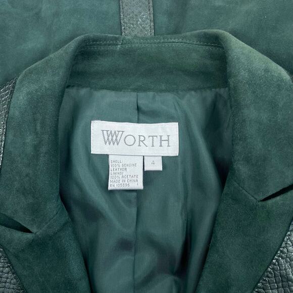 Worth NY Snake Leather Trim Suede Jacket Snap Button Dark Green Size 4 - Picture 11 of 11